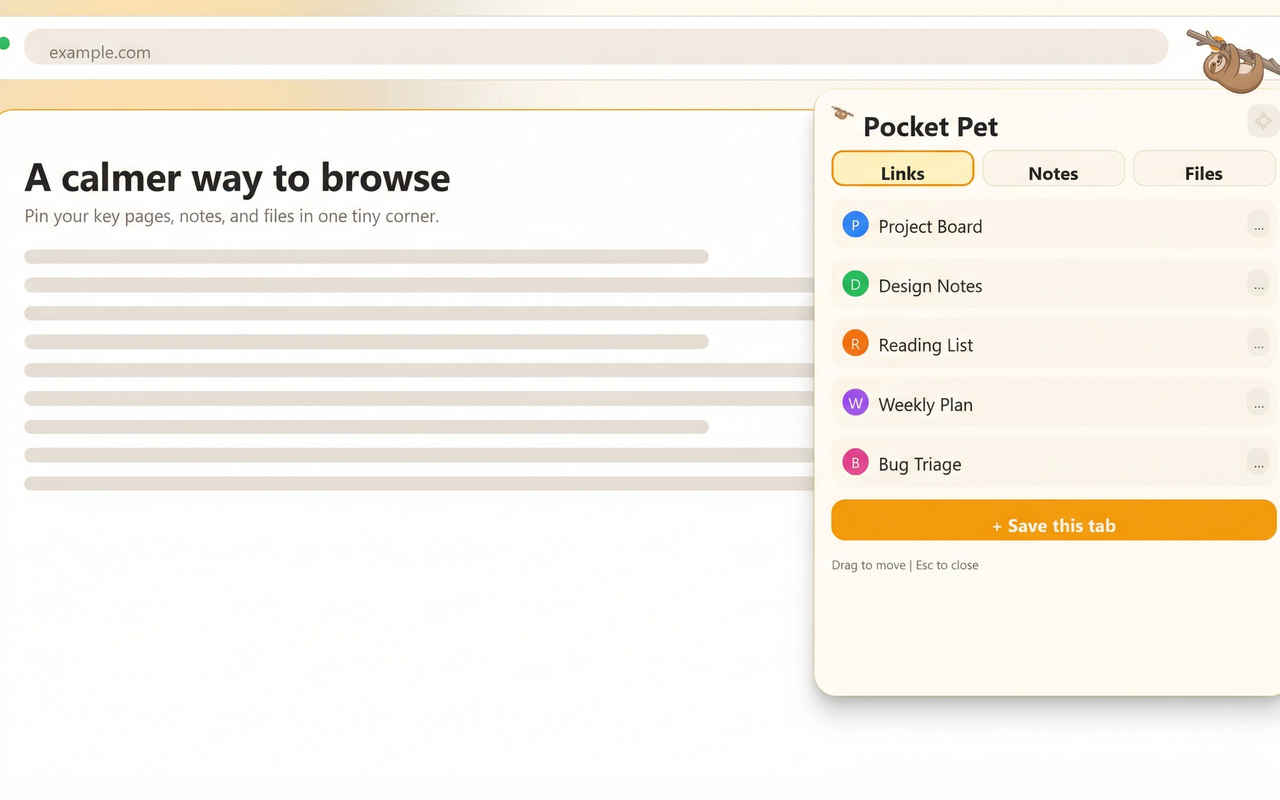 Links tab showing saved pages with favicons